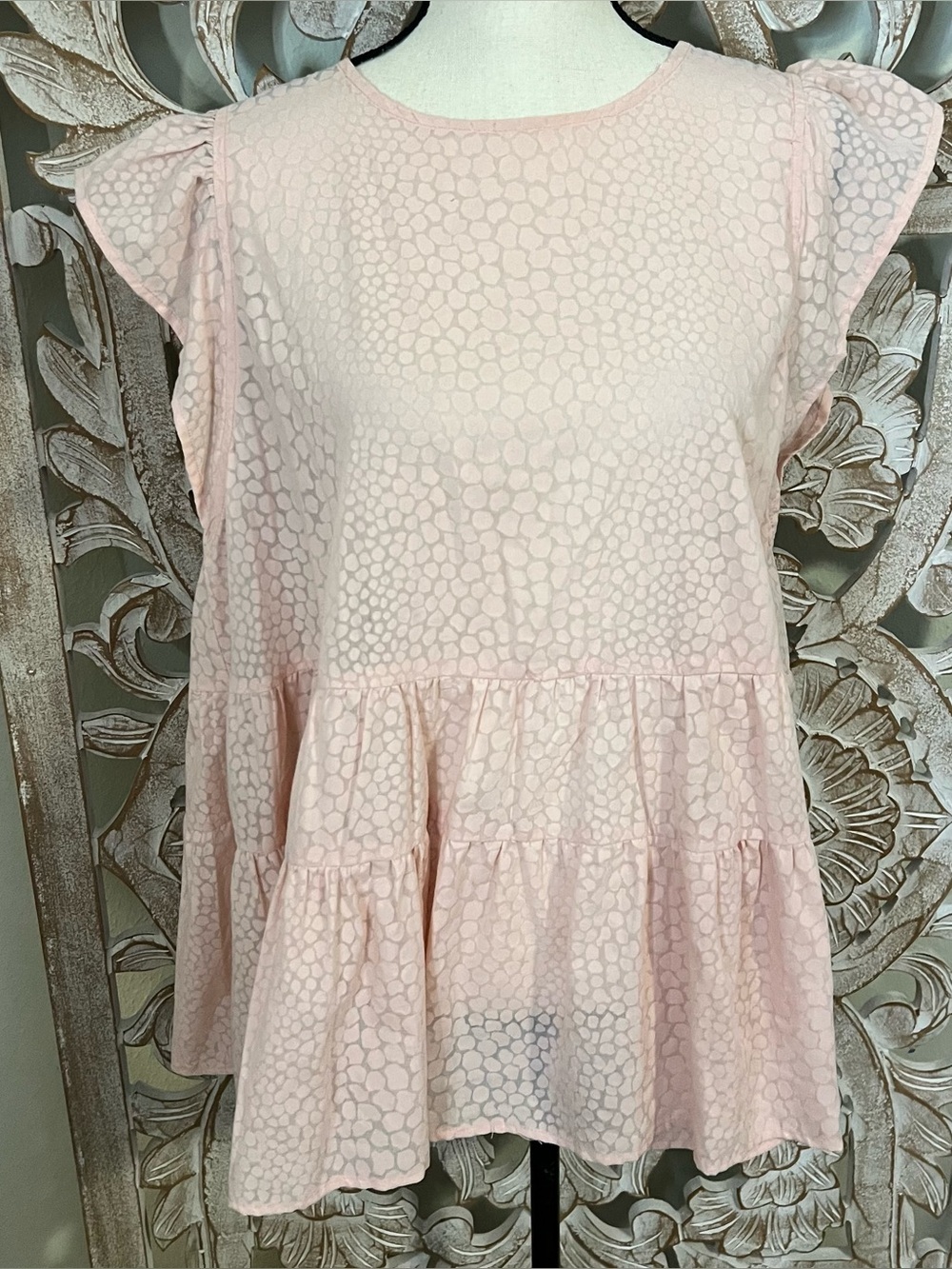 EUC Entro Light Pink Pebbled Ruffle Sleeve Babydoll Layered Top Sz L